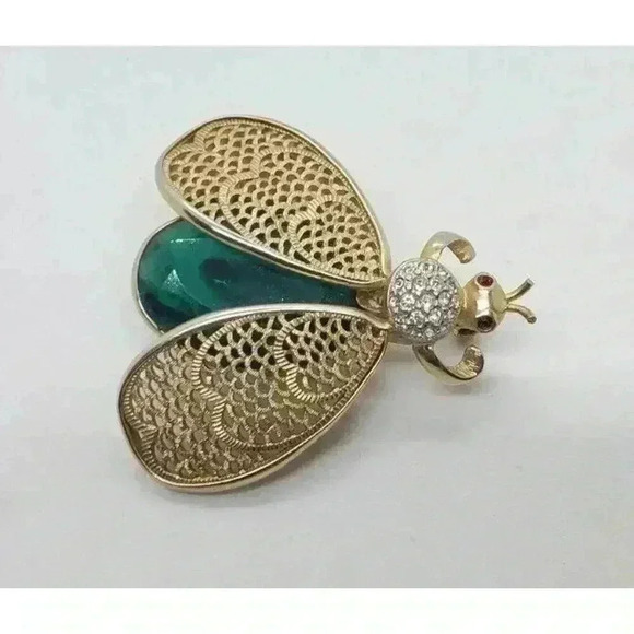 Vintage Large Bee Insect Flying Rhinestone Gold Tone Fancy Gift Statement Bug - Picture 2 of 8